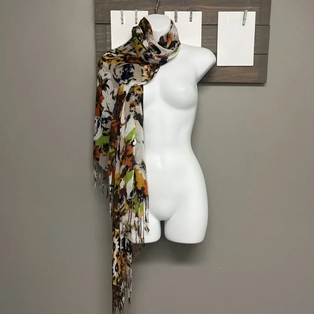 Unbranded Autumnal Floral Multicolored Lightweight Fashion Scarf Tassels
